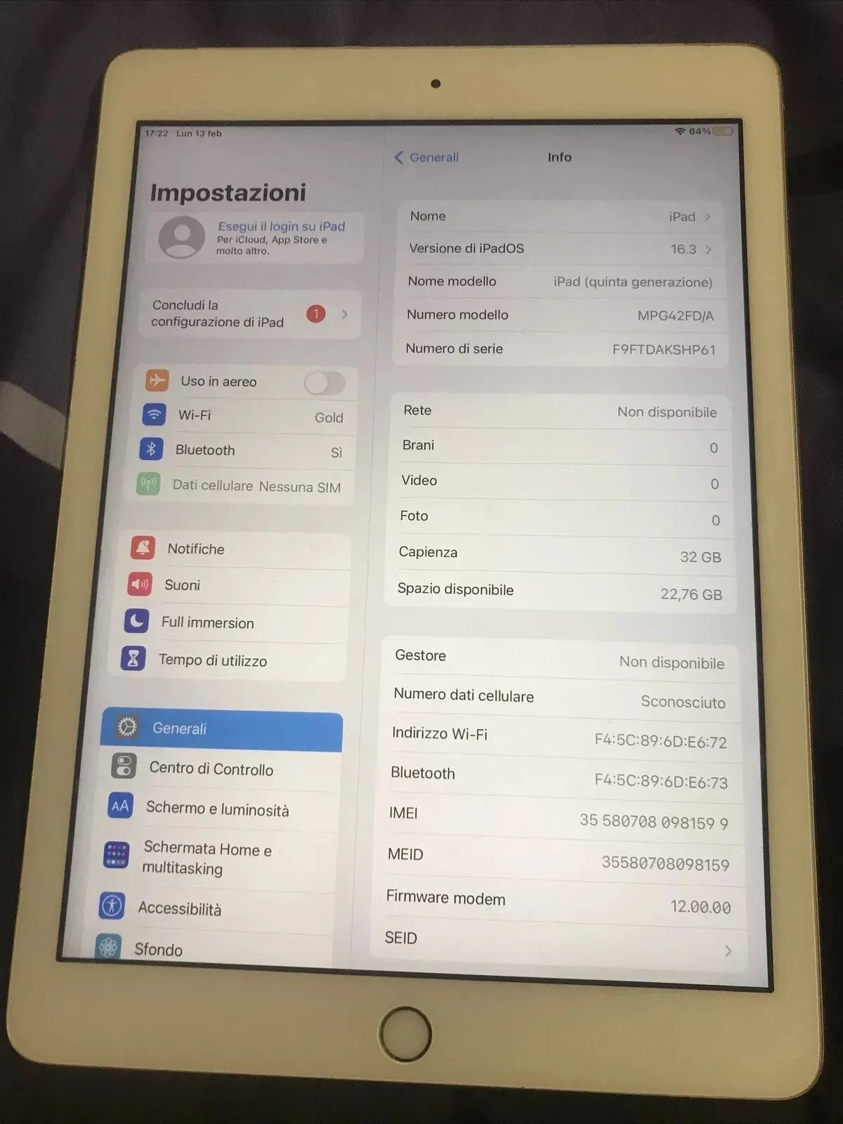 Originale Apple Ipad 5 Gen 32 Gb Wifi Cellular funzionante
